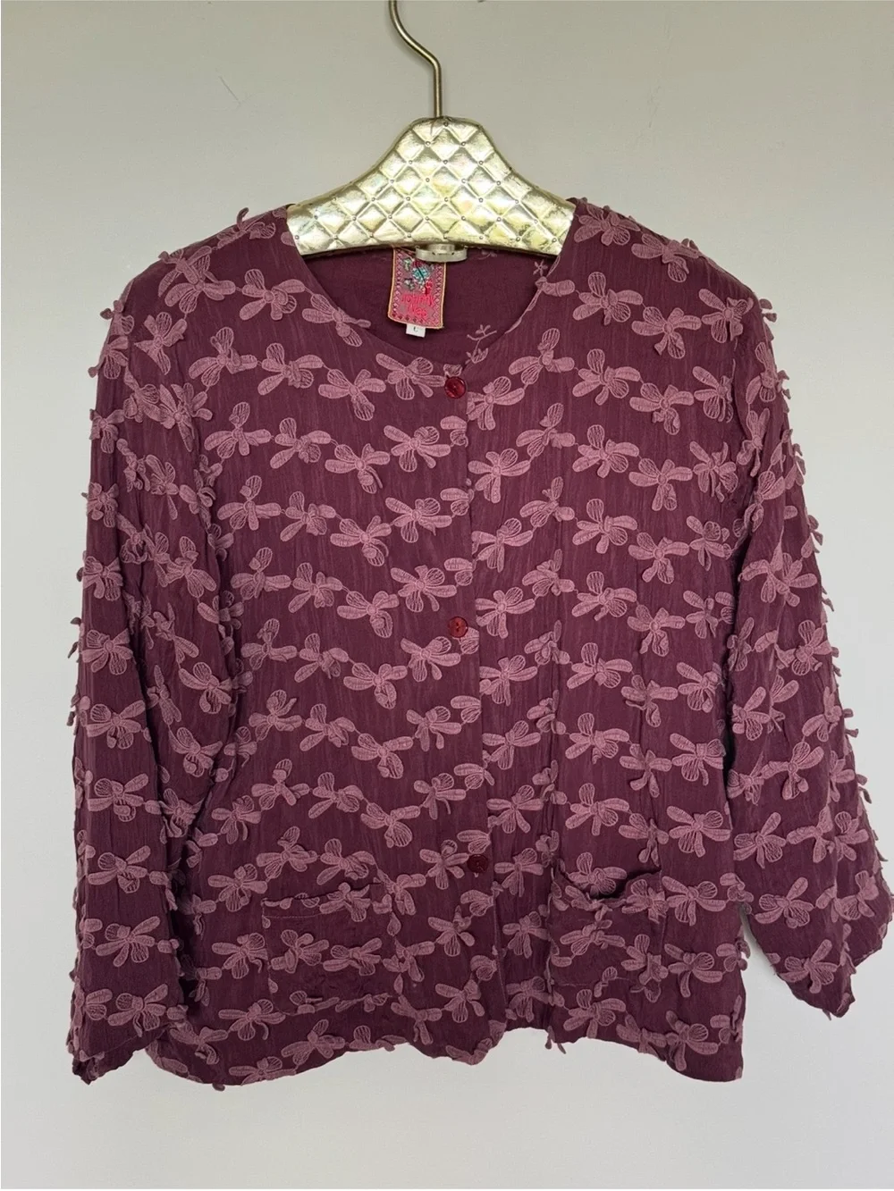 Johnny Was Burgundy Plissé Mesh Embroidered Maxi Dress & Matching Jacket Set S/L